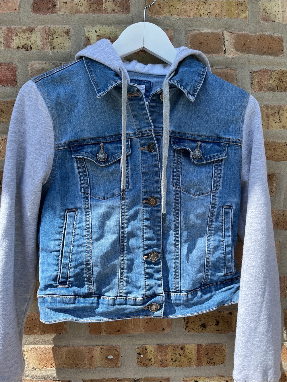 Wax Jeans Light Blue Denim Jacket with Gray Hoodie Sleeves